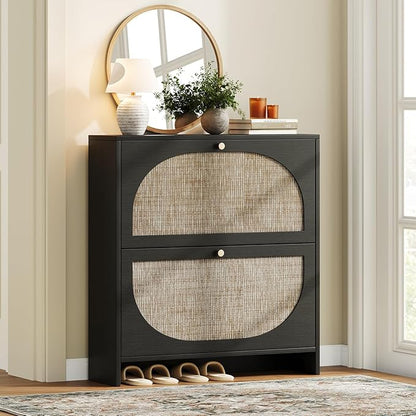 Nicetree Shoe Organizer for Entryway, Slim Shoe Rack with 2 Flip Drawers, Modern Boho Rattan Shoe Cabinet Storage for Entryway, Narrow Shoe Cabinet with Adjustable Shelves for Small Spaces, Black