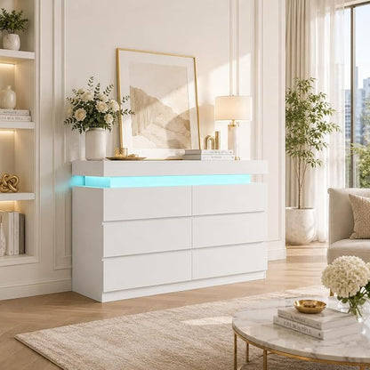 6 Drawer Dresser with LED Lights & Charging Station, Modern Floating White Dresser for Bedroom, Smart Storage Chest with 2 AC Outlets & USB Ports for Living Room, Closet, Entryway