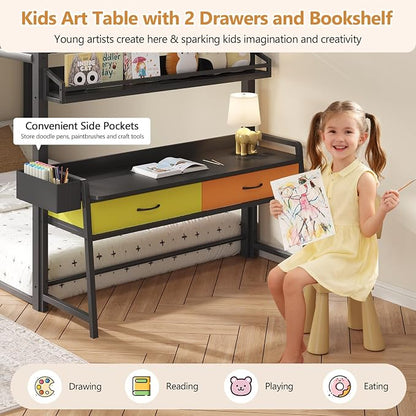 DICTAC Twin Over Twin Low Bunk Bed with Desk and Drawers, Black | Metal House Shaped Low Bunk Bed, 2 Storage Drawers, Bookshelf and Side Pocket, Floor Bunk Bed with 13.4''H Safety Guardrail
