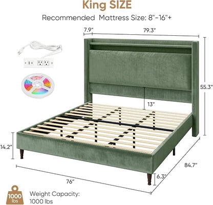 King Size Bed Frame with Tall Headboard, 55.3" Upholstered Platform King Bedframe with Wingback Storage Headboard, Charging Station & LED Lights, No Box Spring Needed, Wooden Slats, Corduroy, Green