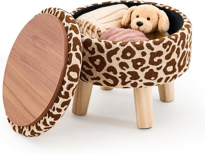 Wimarsbon Storage Ottoman, Modern Round Footrest with Soft Padded Seat, Pattern Velvet Footstool with Wood Legs, Accent Small Table or Plant Stand for Hallway, Living Room (Khaki)