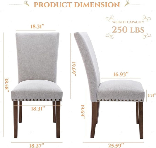 Parsons Dining Chairs Set of 4, Upholstered Nailhead Dining Room Kitchen Side Chair with Thick Cushions and Wood Legs, Light Grey