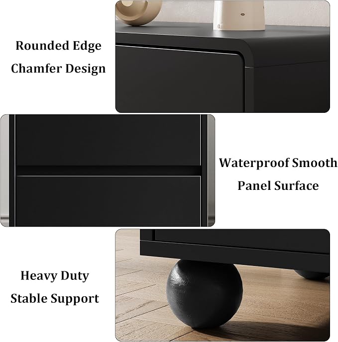 MAISONARIA Mid-Century 3-Piece Dresser Bedroom Set, 6 Drawer Dresser & 2 Drawer Nightstands with Curved Profile Design & Handle Free, Wood Chest of Drawers for Bedroom, Living Room, Hallway, Black