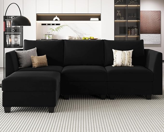Belffin Convertible Sectional Sofa with Chaise Velvet L Shaped Sofa Couch Modular Sectional Sofa with Storage Black