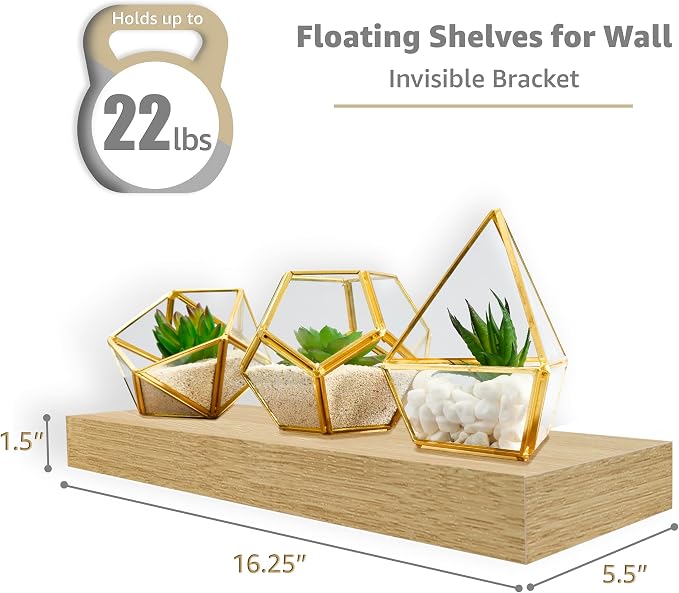Sorbus Floating Shelves for Wall – 16 Inch Floating Shelf for Kitchen, Bedroom, Living Room, Bathroom, Home & Wall Decor - Mounted Bathroom Shelves with Invisible Brackets (Maple Wood, 5 Pack)