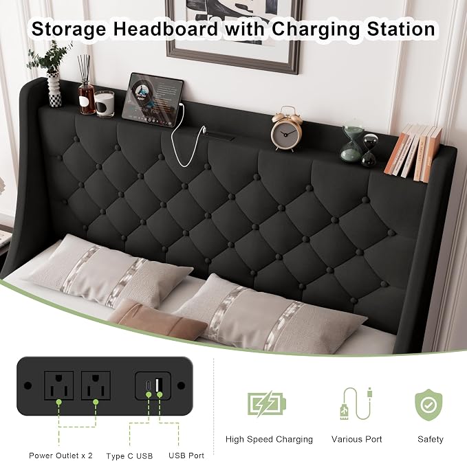 Feonase Upholstered Queen Size Bed Frame with 4 Storage Drawers, Storage Bed with Charging Station, Large Wingback Headboard, No Box Spring Needed, Black
