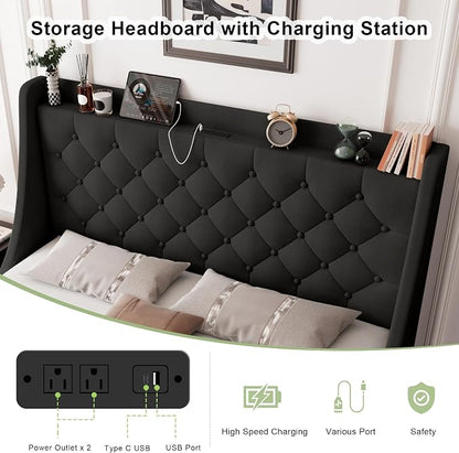 Feonase Upholstered Queen Size Bed Frame with 4 Storage Drawers, Storage Bed with Charging Station, Large Wingback Headboard, No Box Spring Needed, Black