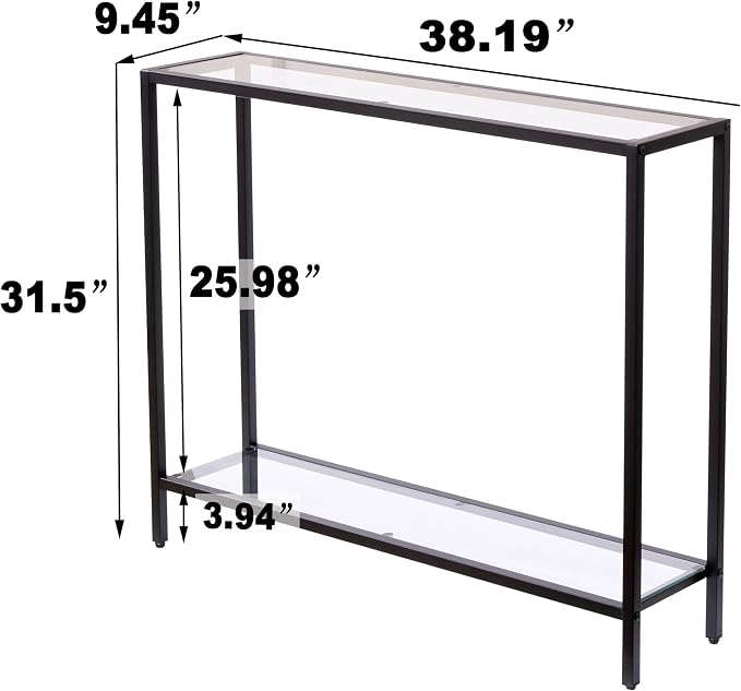 MAJARO Small Modern Console Table for Entryway, Tempered Glass with Metal Frame Sofa Table for Living Room, Hallway, Office (Double-Layer, Black)
