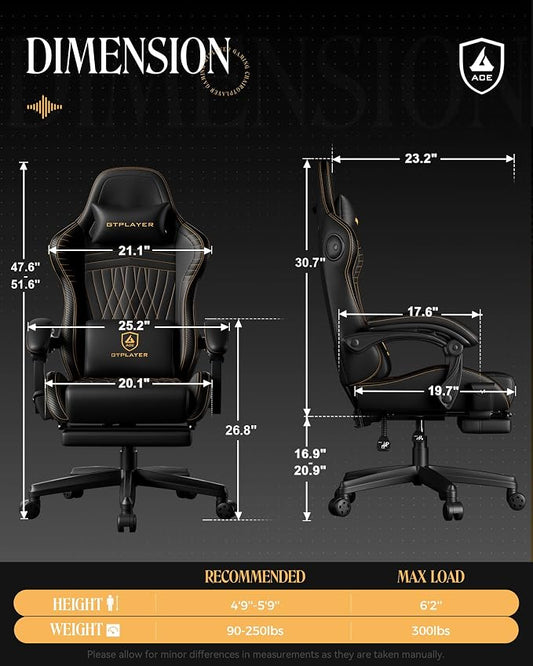 GTPLAYER Gaming Chair with Speakers, Video Game Chairs with Footrest, PC Gamer Chairs for Adults - Padded High Back Ergonomic Reclining Silla Gamer, Linkage Armrest, Ace Pro, Black & Orange Stitch