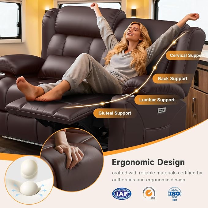 Power RV Loveseat Recliner Sofa, Electric Reclining Loveseat RV Couch with USB & Type-C Ports, Zero Wall Hugger RV Furniture with Storage & LED Light for Travel Trailers Home Theater Seating