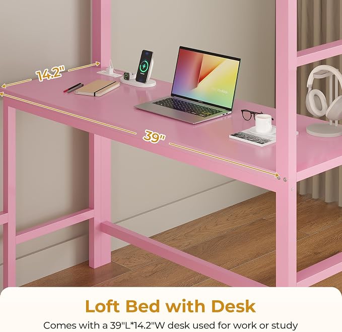 ADORNEVE Twin Size Loft Bed with Desk and 8 Storage Drawers, Metal Kids Loft Bed Twin with LED Lights & Charging Sation, Storage Shelves, 13.1" H Safety Guard & Ladder, No Box Spring Needed, Pink
