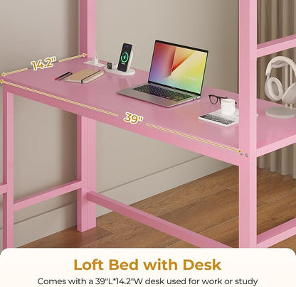 ADORNEVE Twin Size Loft Bed with Desk and 8 Storage Drawers, Metal Kids Loft Bed Twin with LED Lights & Charging Sation, Storage Shelves, 13.1" H Safety Guard & Ladder, No Box Spring Needed, Pink