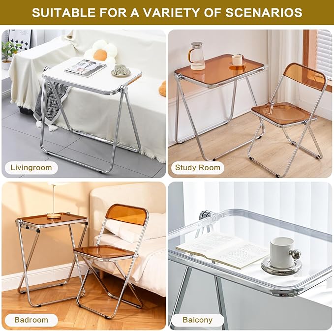 Acrylic Folding Table - Modern TV Tray Dinner Table for Eating on Couch - Small Folding Table Foldable Computer Desks Space-Saving with Chrome Frame No Assembly Required -Tawny