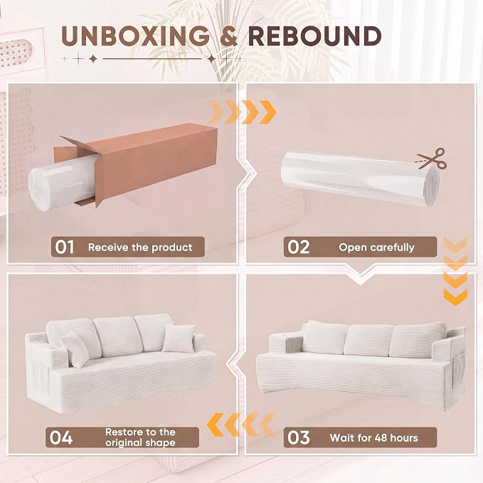 Homall 87” Boneless Sofa Couch with 2 Pillows Extra Deep Seats, Corduroy Fabric 3 Seater with Cup Holder & Storage Pocket Upholstered Floor Easy Installation (White, 3 Seater)