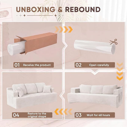 Homall 87” Boneless Sofa Couch with 2 Pillows Extra Deep Seats, Corduroy Fabric 3 Seater with Cup Holder & Storage Pocket Upholstered Floor Easy Installation (White, 3 Seater)