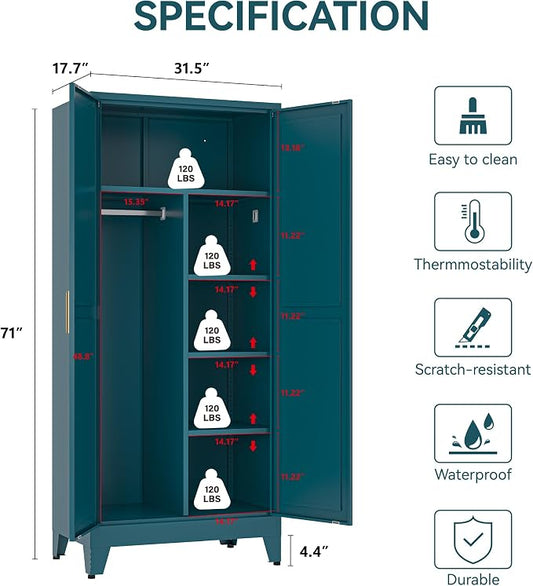 COFaR Metal Armoire Wardrobe Closet with Doors and Shelves & Hanging Rod, 71" Tall Freestanding Wardrobe Storage Cabinet, Bedroom Armoires,Steel Wardrobe Cabinet for Cloak Room,Laundry Room,Gym,Green