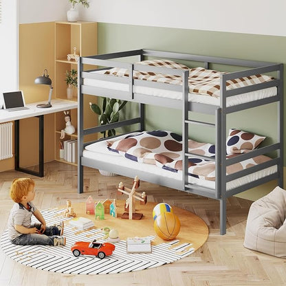 NAFORT Bunk Bed Twin Over Twin, Solid Wood Bunk Bed with Ladder and Safety Rails, Wooden Bed Frame for Kids Teens or Guests, Space-Saving Furniture for Bedroom Dorm, Gray