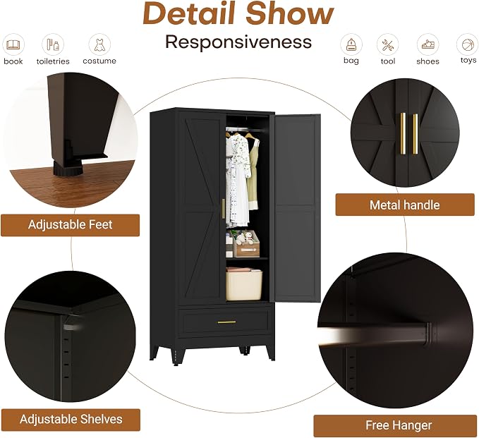 71" H Armoire Wardrobe Closet with 1 Drawer, Metal Wardrobe Closet with Doors and Adjustable Shelves, Wardrobes Cabinet with Hanging Rod, Closets for Bedroom, Laundry Room, Black