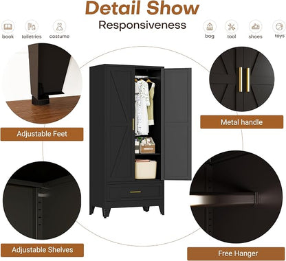 71" H Armoire Wardrobe Closet with 1 Drawer, Metal Wardrobe Closet with Doors and Adjustable Shelves, Wardrobes Cabinet with Hanging Rod, Closets for Bedroom, Laundry Room, Black