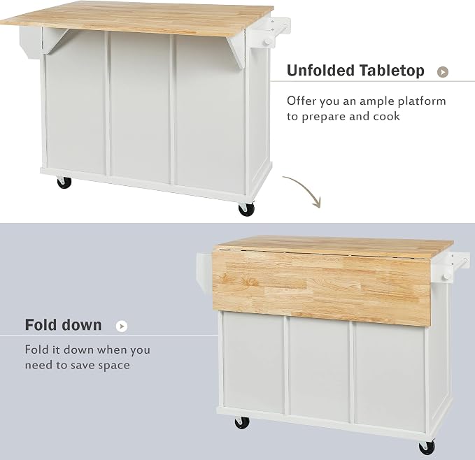 Large Kitchen Island with Rubber Wood Drop Leaf, Rolling Kitchen Cart with Ample Storage on Wheels with Doors and Drawers for Dining Room (Modern White, White Handle, 53Inch)