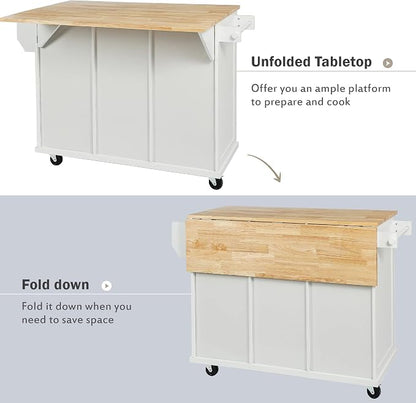 Large Kitchen Island with Rubber Wood Drop Leaf, Rolling Kitchen Cart with Ample Storage on Wheels with Doors and Drawers for Dining Room (Modern White, White Handle, 53Inch)