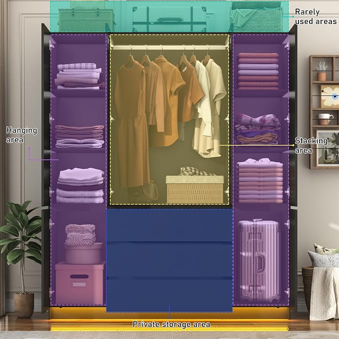 4 Doors Armoire Wooden Wardrobe Closet with 3 Drawers & 2 Mirror, 75"H Clothing Storage Cabinet with Hanging Rod,Modern Bedroom Large Freestanding Armoires with Led Lights for Bedroom, Black