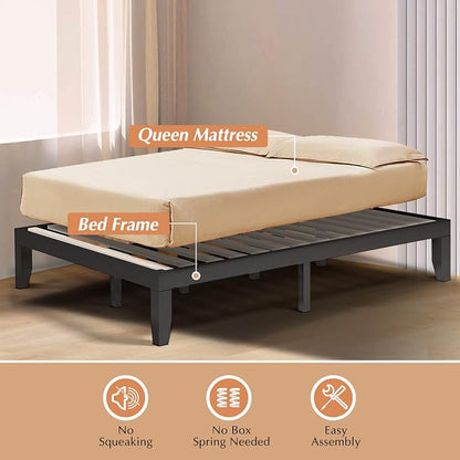 COSTWAY Queen Size Platform Bed Frame, 14 Inches Solid Rubber Wood Bed Mattress Foundation with Sturdy Slats Support, Easy Assembly Bed Frame for Home Hotel, No Box Spring Needed (Espresso, Queen)