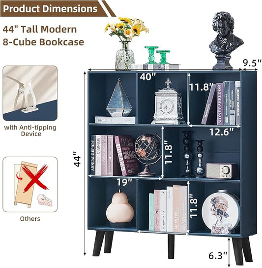 LEYAOYAO 8 Cube Bookshelf,3 Tier Bookcase with Legs,Dark Blue Mid-Century Modern Bookshelves,Large Open Storage Organizer Shelf, Wooden Book Case