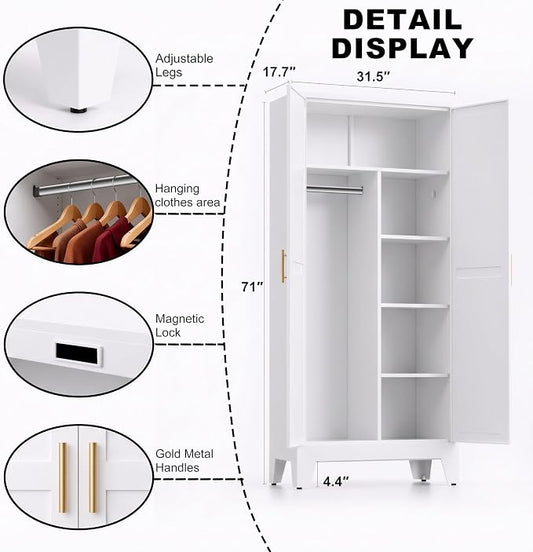 71" H White Closet,Armoire Wardrobe Closets,Metal Wardrobe Closet with Doors and Shelves