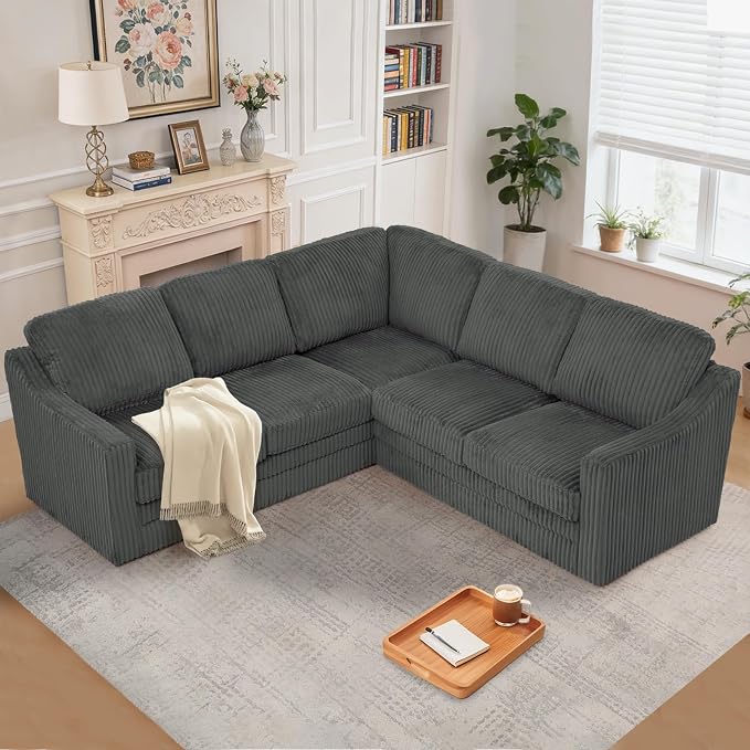 89 Inches Corduroy Sectional Sofa with High Density Sponge, Modern 5 Seats Corner Couch with Deep Seat, Comfy Modular L Shaped Couch with Comfortable Back Cushions for Living Room, Grey