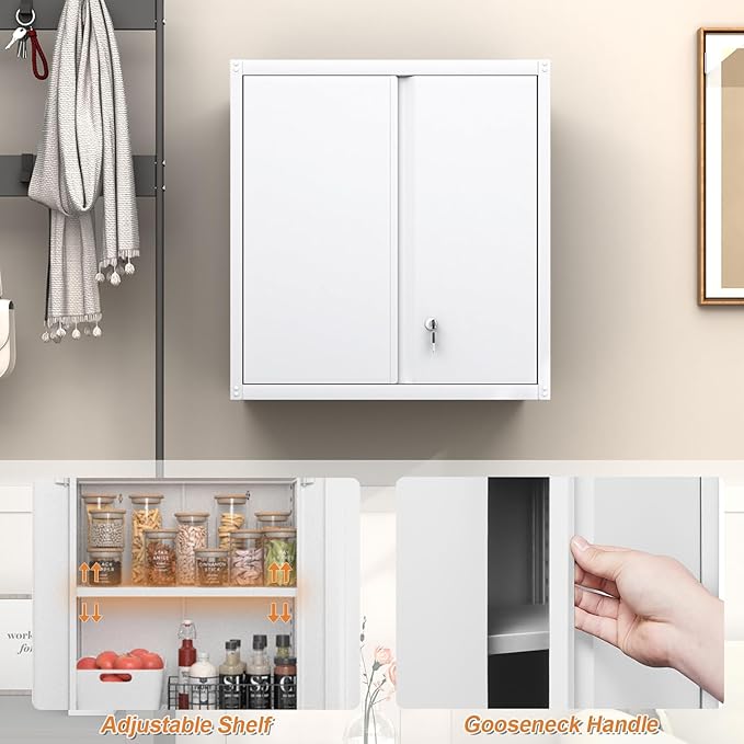 GREATMEET Metal Wall Cabinet, Wall Mounted Storage Cabinet with Lock for Garage Storage, White Floating Cabinet with Doors and Adjustable Shelf for Utility Room