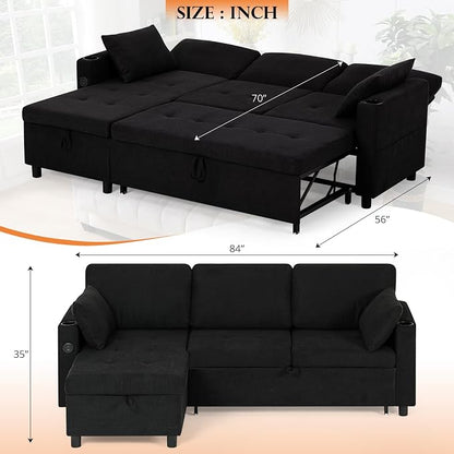 84" Fabric Sleeper Sofa Bed w/Adjustable Backrests, L-Shaped Sectional Sofa Bed w/USB Port & Thickened Cushions, Convertible Pull Out Couch Bed w/Storage Bags for Living Room, Black