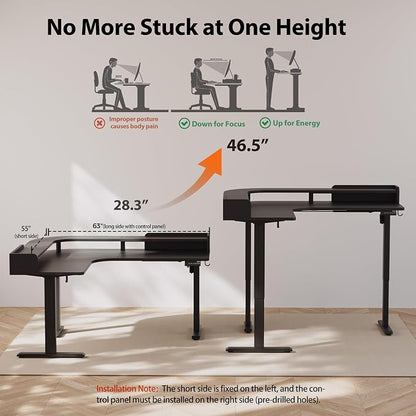 Agilestic L Shaped Standing Desk, Corner Desk with Monitor Shelf, Adjustable Height Gaming Table, Sit Stand Up Table, 63 x 55 Inch Home Office Computer Workstation, Splice Board, Black