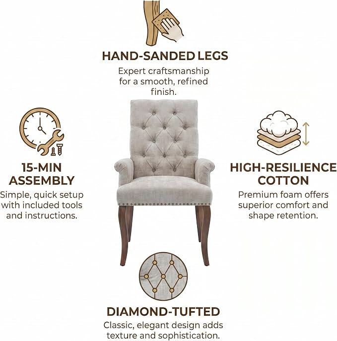 Upholstered Dining Chairs with Arms Set of 2, Greyish Beige, 2 Pack | Tufted Chenille Kitchen Chairs with Arms, Modern Farmhouse Armchair with Nailhead Trim for Dining Room, Home Office