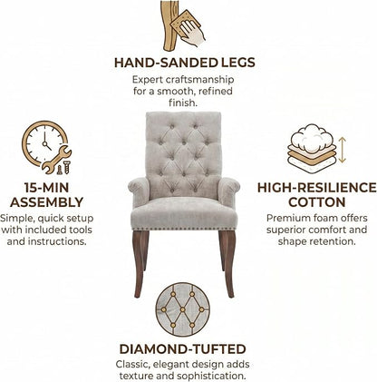 Upholstered Dining Chairs with Arms Set of 2, Greyish Beige, 2 Pack | Tufted Chenille Kitchen Chairs with Arms, Modern Farmhouse Armchair with Nailhead Trim for Dining Room, Home Office
