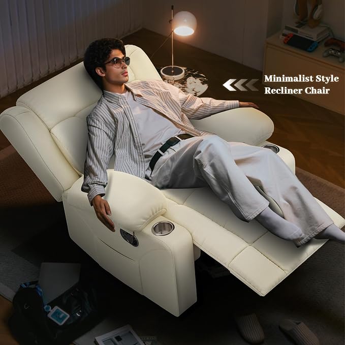 Recliner Chair for Adults, Oversized PU Leather Manual Pull Tab Reclining Chair with Cup Holders, Minimalist Style Single Sofa for Living Room, RV (Ivory White)
