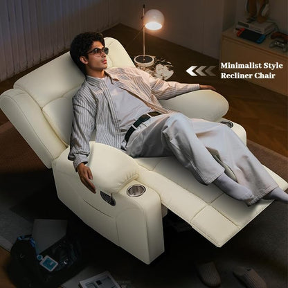 Recliner Chair for Adults, Oversized PU Leather Manual Pull Tab Reclining Chair with Cup Holders, Minimalist Style Single Sofa for Living Room, RV (Ivory White)