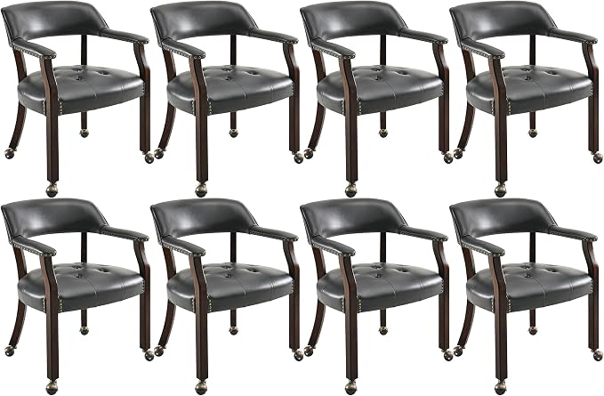 LEEMTORIG Set of 8 Large Dining Chairs with Casters and Arms, Rolling on Wheels, Accent Game Table Chairs, Solid Wood Boss Caption's, Espresso Legs & Black, SY-318-BK