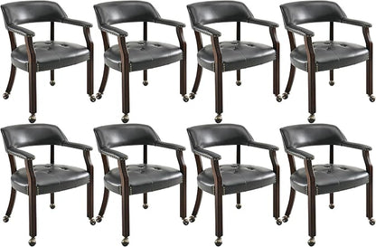 LEEMTORIG Set of 8 Large Dining Chairs with Casters and Arms, Rolling on Wheels, Accent Game Table Chairs, Solid Wood Boss Caption's, Espresso Legs & Black, SY-318-BK