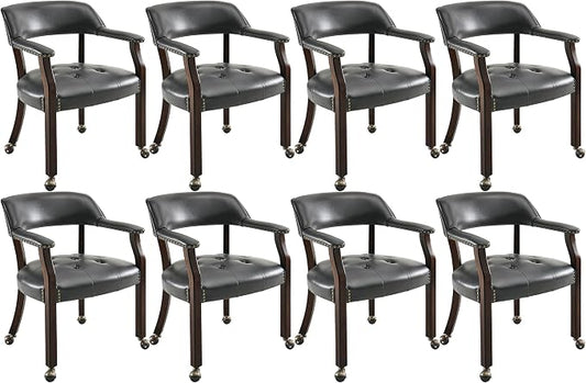LEEMTORIG Set of 8 Large Dining Chairs with Casters and Arms, Rolling on Wheels, Accent Game Table Chairs, Solid Wood Boss Caption's, Espresso Legs & Black, SY-318-BK