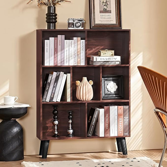 LEYAOYAO 7 Cube Bookshelf 3-Tier Bookcase with Legs, Mint-Walnut Kids Book Shelf Cute Storage Organizer, Toy Shelves Bookshelves,Wood Display Bookcases