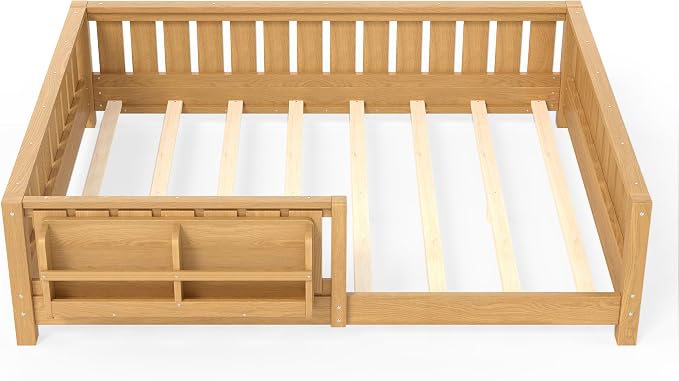 Bellemave Full Floor Bed with Slats and Rails, Full Size Montessori Floor Bed with Bookcase and Fence, Easy Assemble Montessori Beds for Girls, Boys, Deep Natural Floor Beds