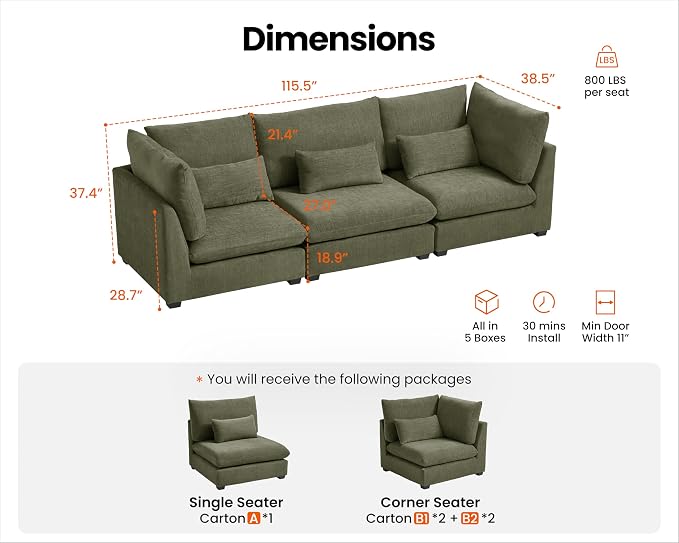 115" Oversized Chenille Couch Modular Sectional Sofa, Washable Cloud Couch Sectional, 3 Seater Sectional Couches for Living Room, Fully Cover Removable, Basic 3 Seater, Chenille, Green