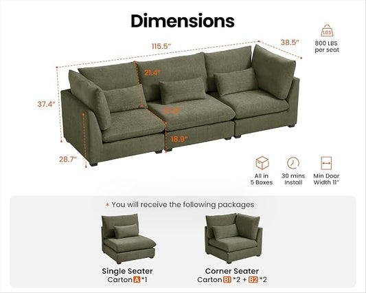 115" Oversized Chenille Couch Modular Sectional Sofa, Washable Cloud Couch Sectional, 3 Seater Sectional Couches for Living Room, Fully Cover Removable, Basic 3 Seater, Chenille, Green