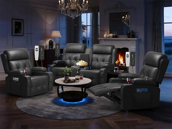 Recliner Sofa Set, Home Theater Seating with Massage, Loveseat Recliner Couch and 2 Recliner Single Chairs with USB, Wall Hugger Reclining Movie Theater Chair with Cup Holders, Drawer for Gaming Room