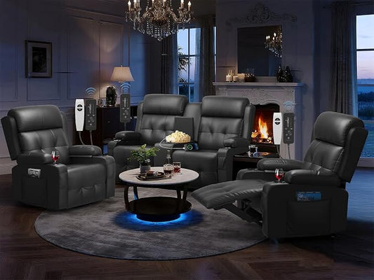 Recliner Sofa Set, Home Theater Seating with Massage, Loveseat Recliner Couch and 2 Recliner Single Chairs with USB, Wall Hugger Reclining Movie Theater Chair with Cup Holders, Drawer for Gaming Room