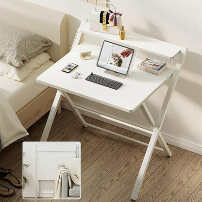 GreenForest No Assembly Folding Desk, 2-Tier Compact Computer Desk with Shelf, Space Saving Foldable Table for Home Office, Dorm or Apartment, Portable Collapsible Sturdy Laptop Desk, White