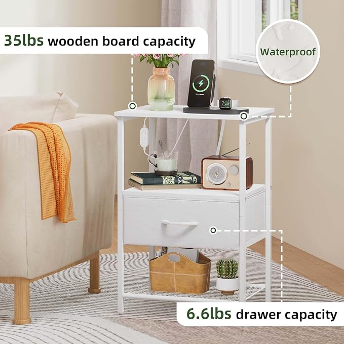 Somdot Nightstand with Charging Station and LED Light for Bedroom, Bedside Table End Table for Dorm Guest Room Bedside Kids Laundry Closet Entryway Hallway, White Leather