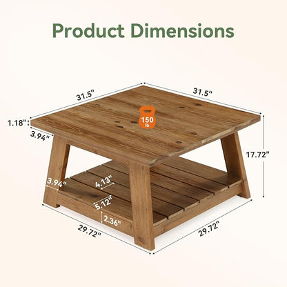 31.5" Solid Wood Square Coffee Table, 2-Tier Storage Design, Sturdy Wooden Legs, Farmhouse Accent Center Cocktail Table for Living Room, Easy Assembly, Honey Brown