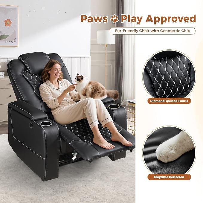 ANJ Power Recliner Chair Set of 5, Electric Soft Faux Leather Reclining Home Theater Seating - USB Ports, Cup Holders, Hidden Arm Storage Movie & Media Room Chairs (Black)